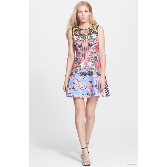 Clover Canyon Floral Maze Dress Scuba Fit and Flare Geo Multi Color Sz XS - Picture 14 of 14